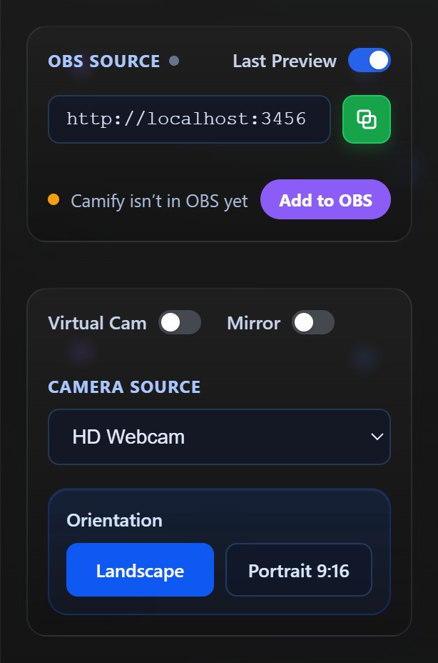 Camify controls: add to OBS, virtual camera, mirror, camera source, landscape or portrait 9:16
